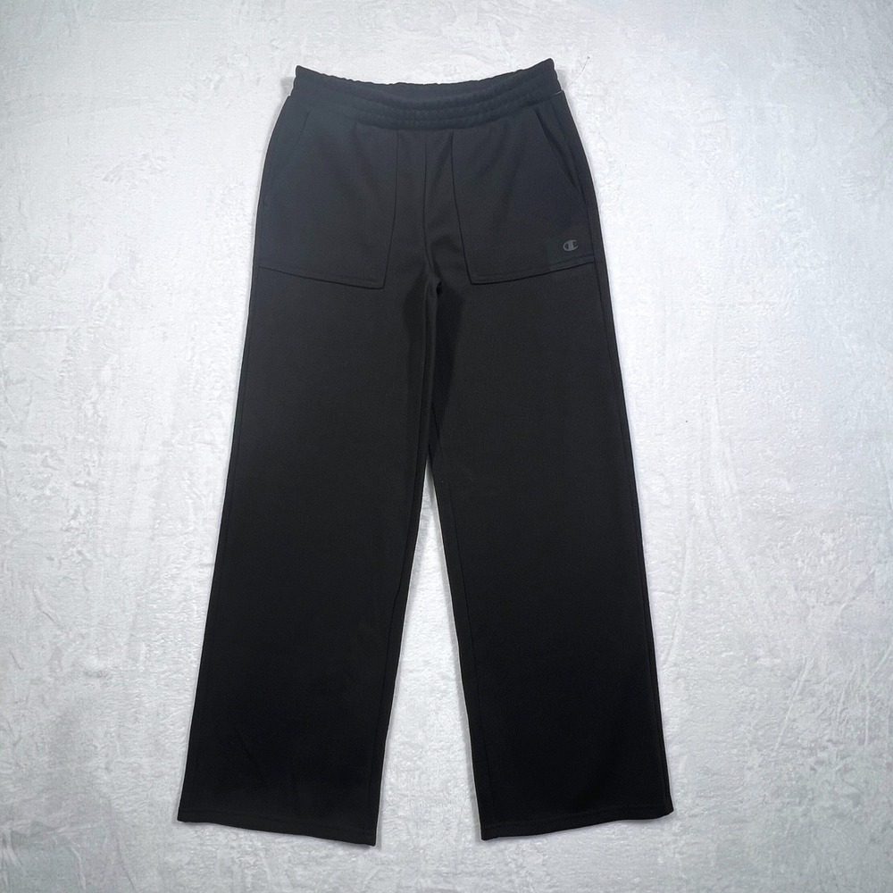 Champion Kids Black Ribbed Wide Leg Pants Elastic Waist Patch Pockets Size L 14